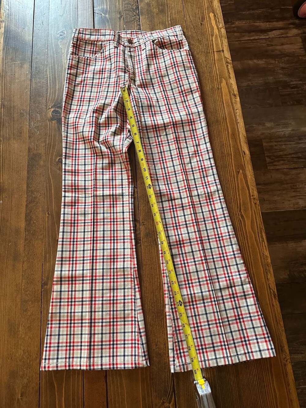 Vintage 1970s Levi's Sta-Prest Plaid Bell Bottom Flare Pants Red White Blue